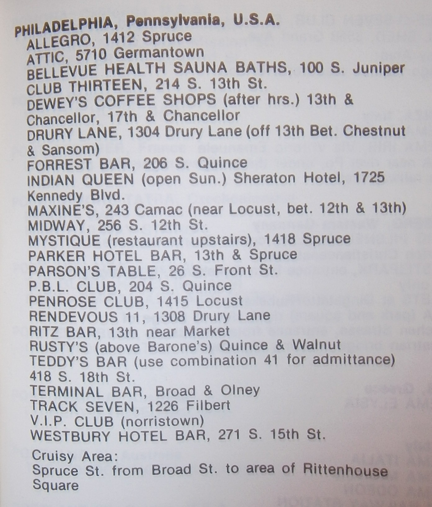 1974 Philadelphia Gay Bar Listings
